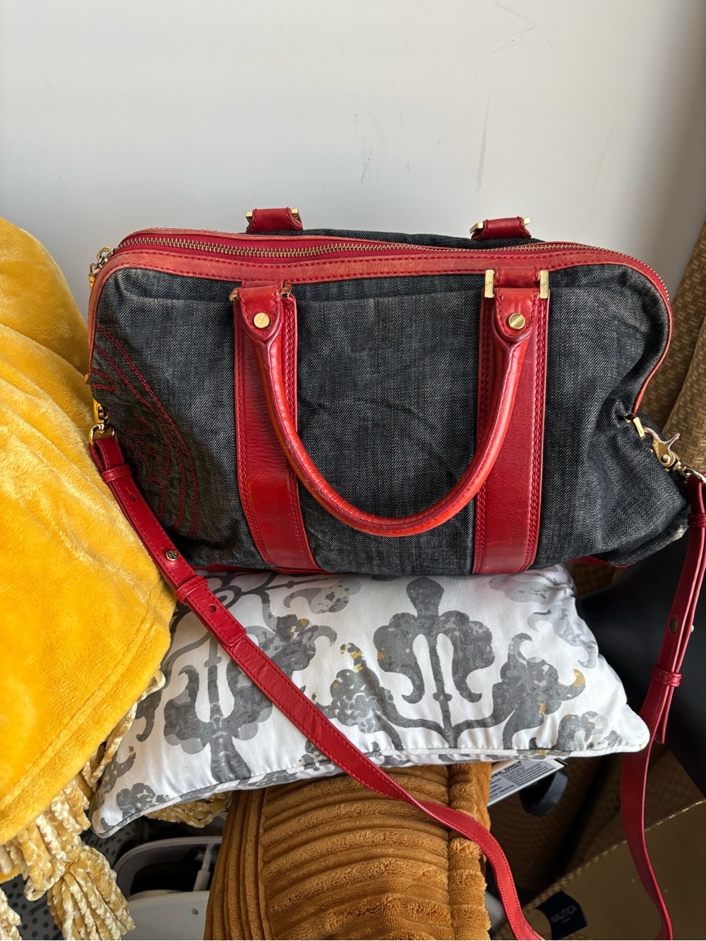 Tory Burch Black Denim Satchel with Red Leather Trim